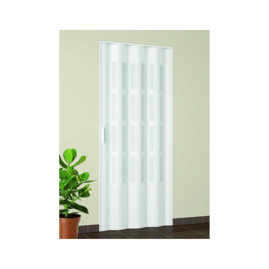 Porta a Soffietto da Interno 82x210 cm in PVC con vetro Niagara Mod. Extra Standard Bianco Pastello