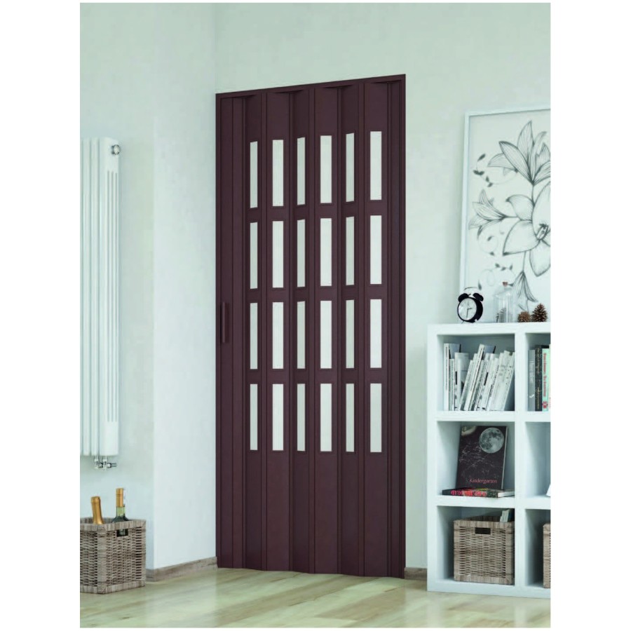 Porta a Soffietto da Interno 82x220 cm in PVC con vetro Niagara Mod. Extra Standard colore noce