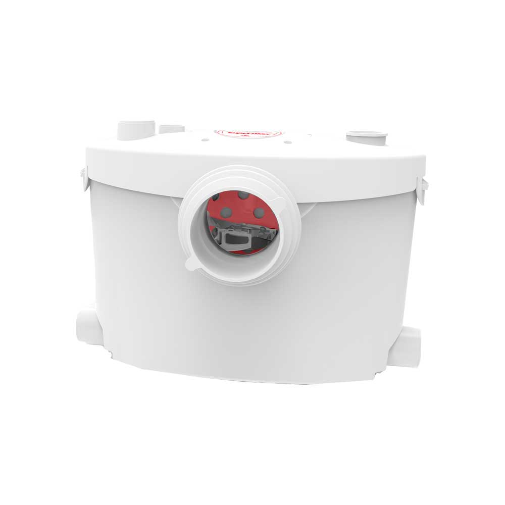 Trituratore WC compatto installato dietro il vaso di un bagno di servizio