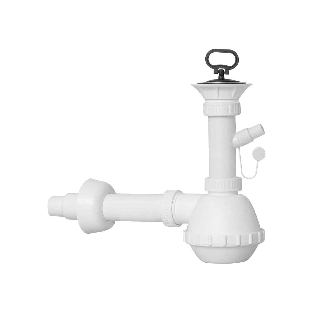 Sifone per lavello a fiasca a 1 via con piletta e attacco lavatrice 1"1/2 x Ø32/40 mm — MADE IN Italy