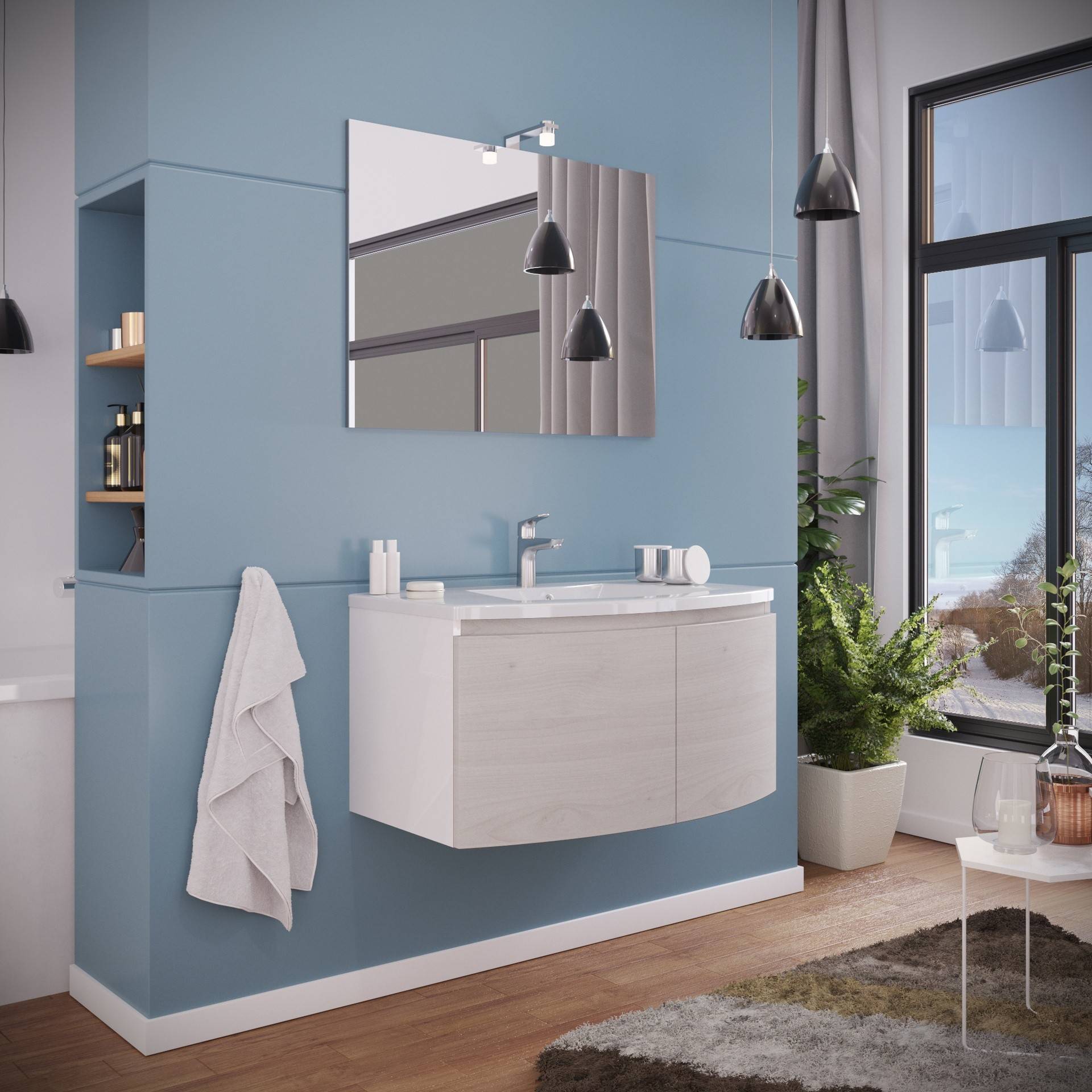 Composizione bagno 2 ante da 80cm con lavabo e specchio e lampada rovere nordico