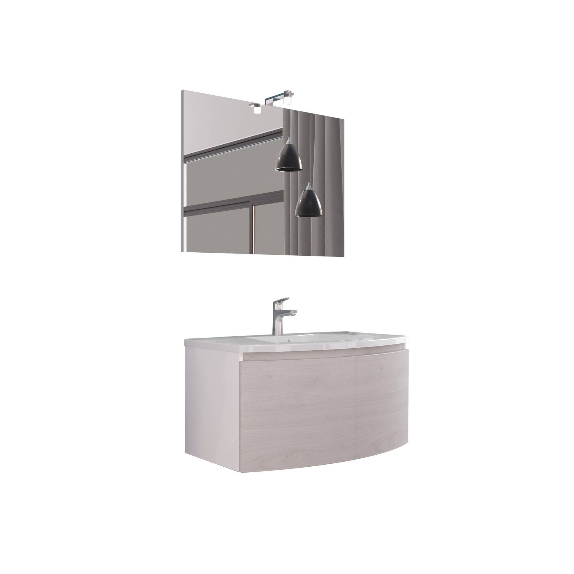 Composizione bagno 2 ante da 80cm con lavabo e specchio e lampada rovere nordico