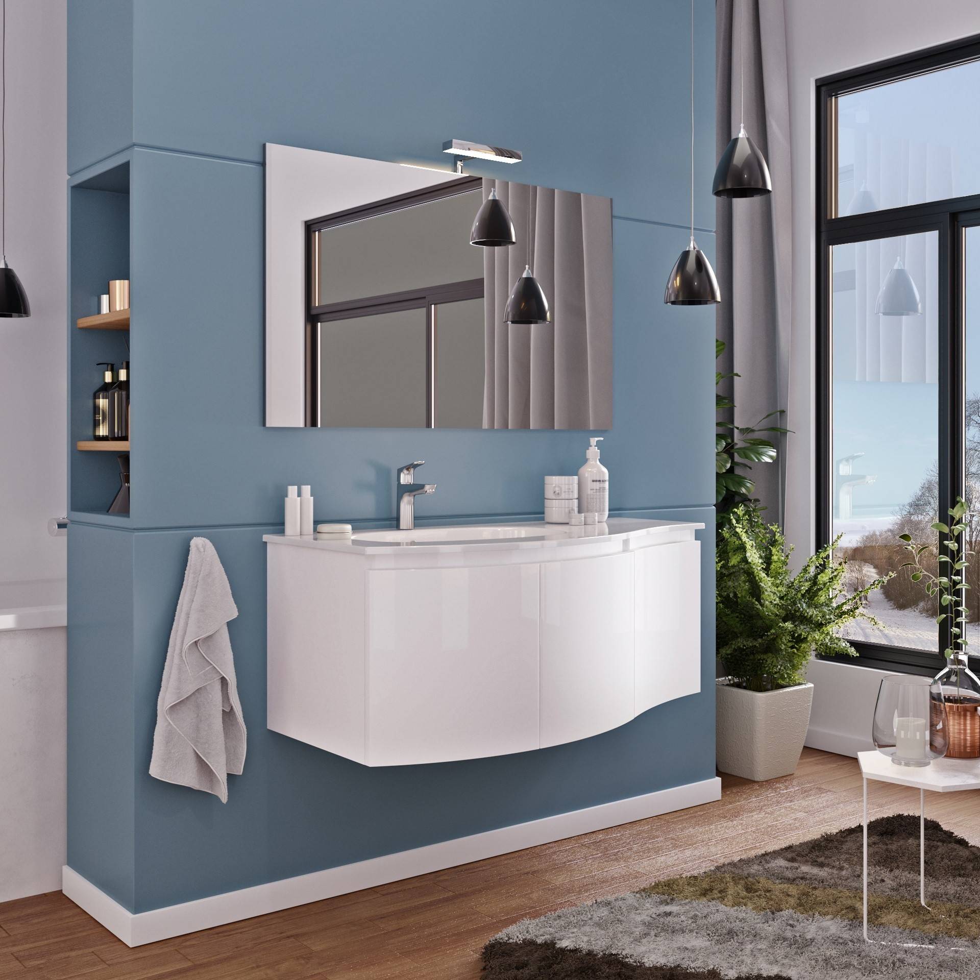 Composizione bagno 3 ante da 104cm con lavabo in resina e specchio con lampada led