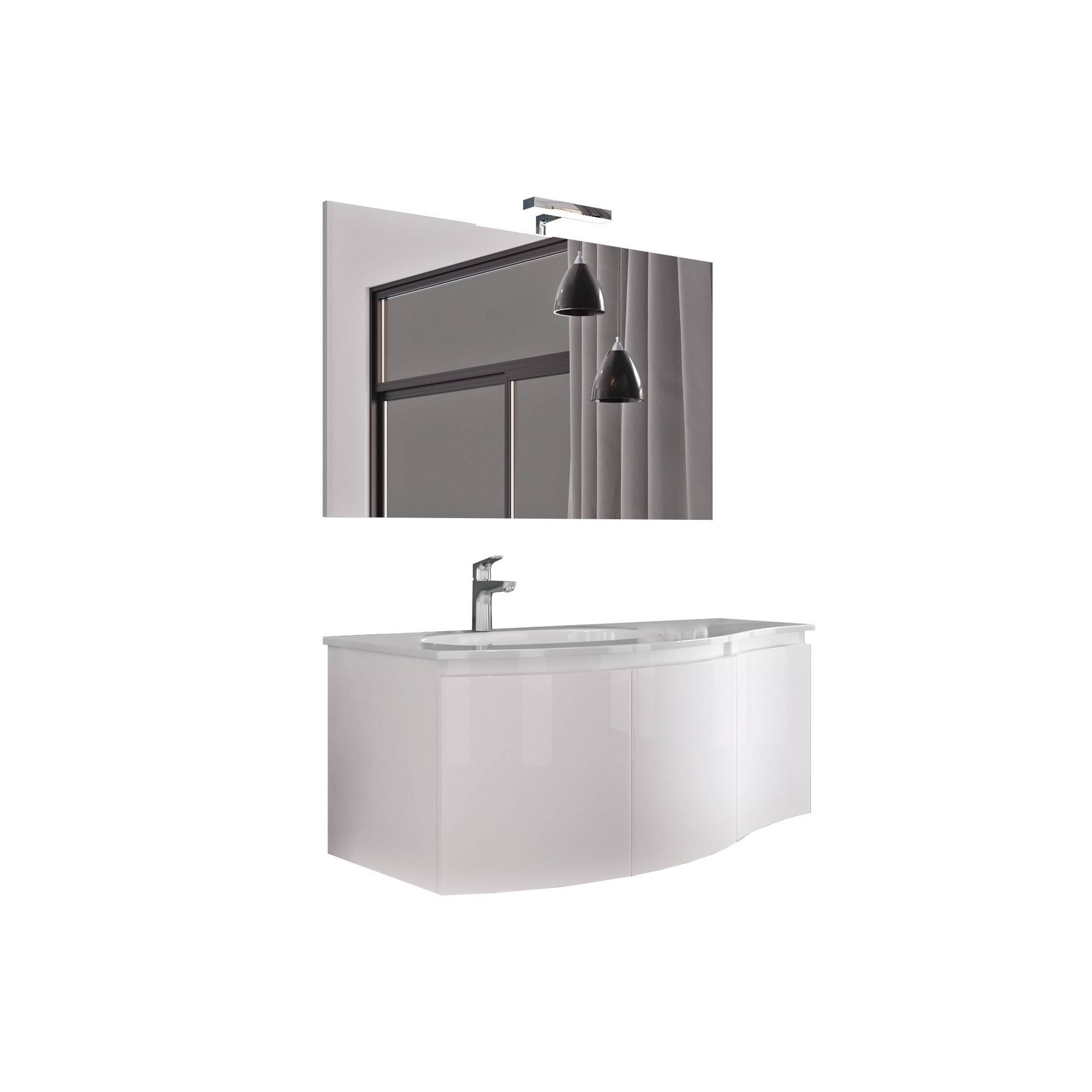 Composizione bagno 3 ante da 104cm con lavabo in resina e specchio con lampada led