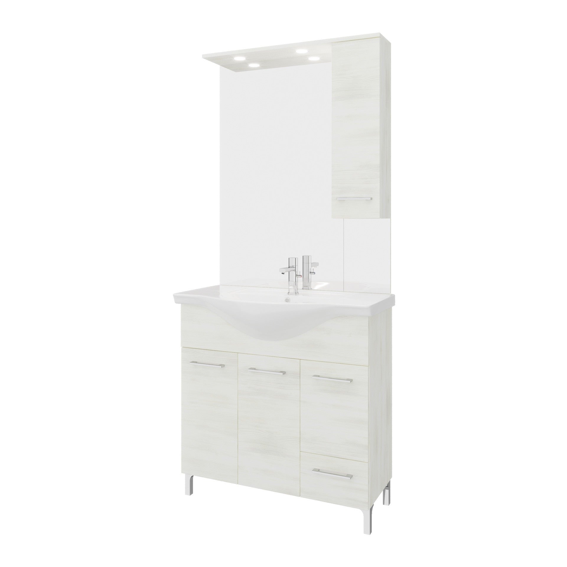 Composizione da bagno 3 ante da 105cm con cassetto lavabo e specchiera con pensile e luci a led