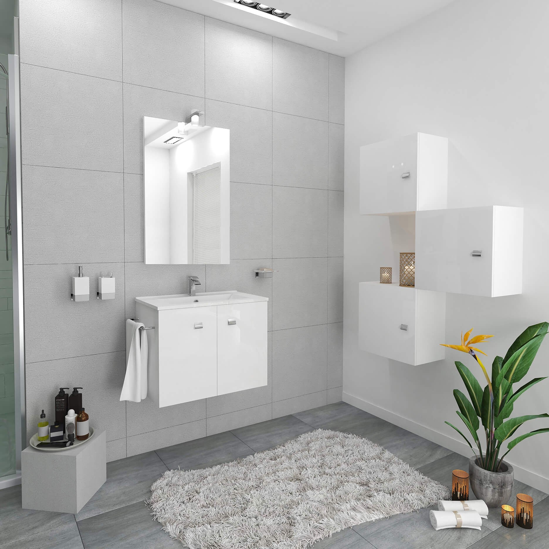 Mobile bagno Base sospesa con due ante da 60 cm e Specchiera con lampada LED.