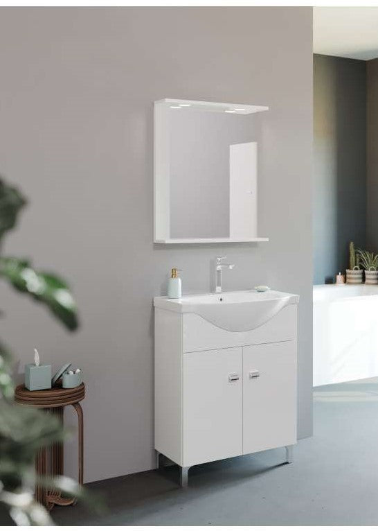 Composizione da bagno 2 ante  65 cm con lavabo in ceramica e specchio