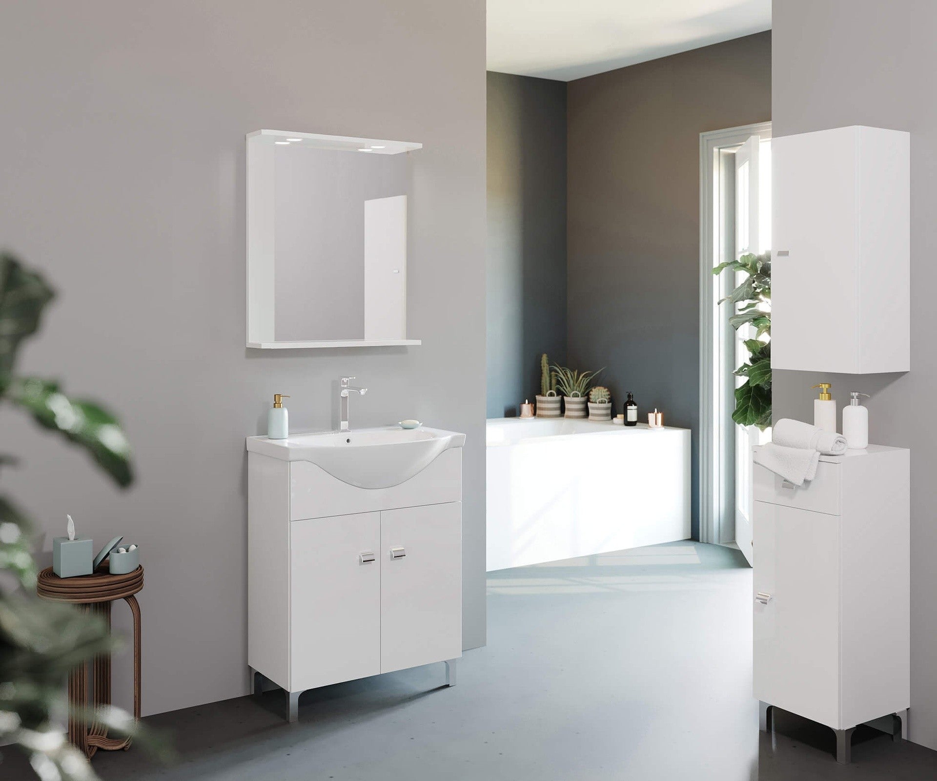 Composizione da bagno 2 ante  65 cm con lavabo in ceramica e specchio