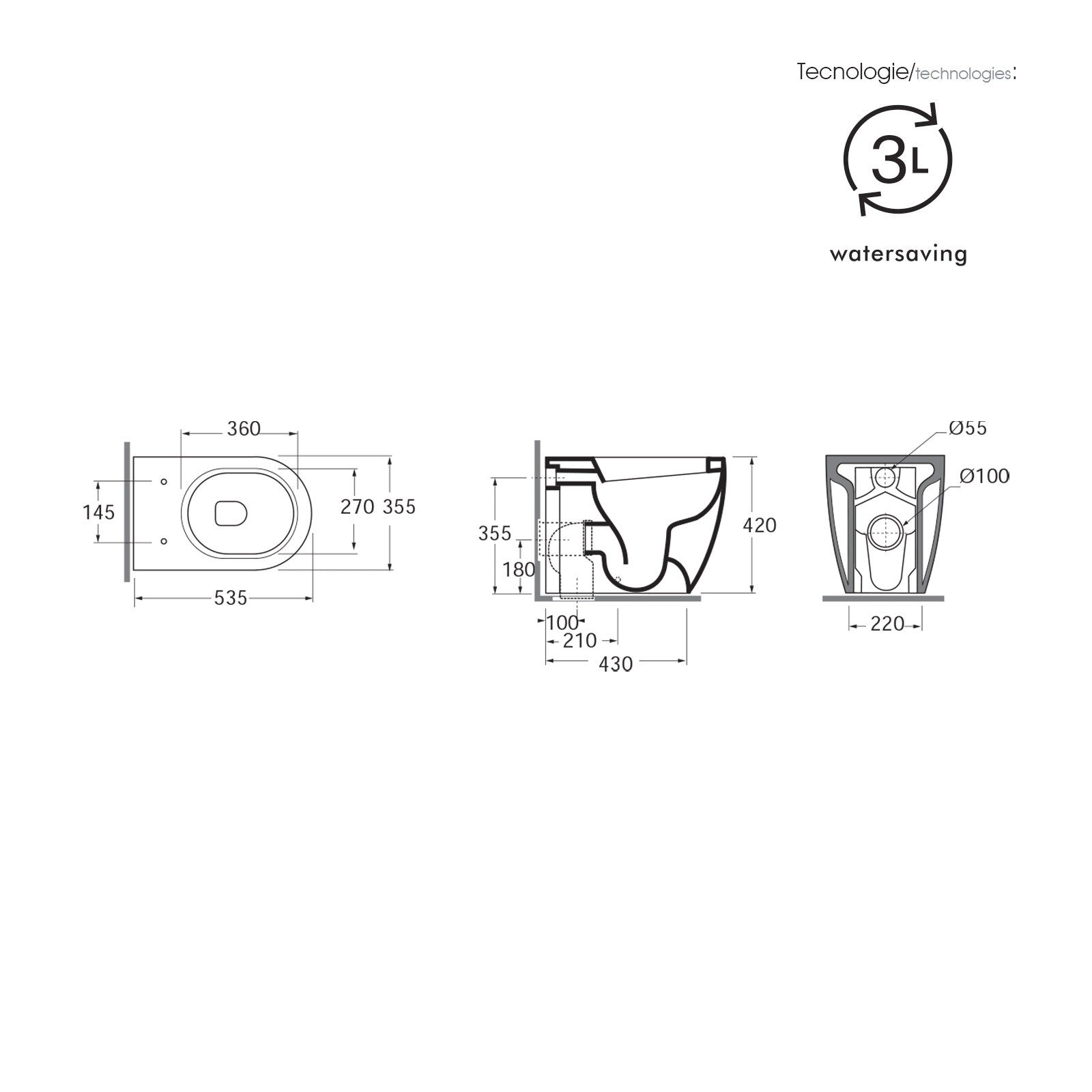 Sanitari filo muro a terra wc + bidet e sedile soft-close in ceramica