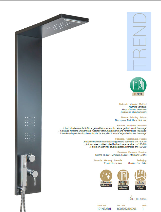 Colonna Doccia Idromassaggio Nero in Alluminio Mod. Trend Metaform