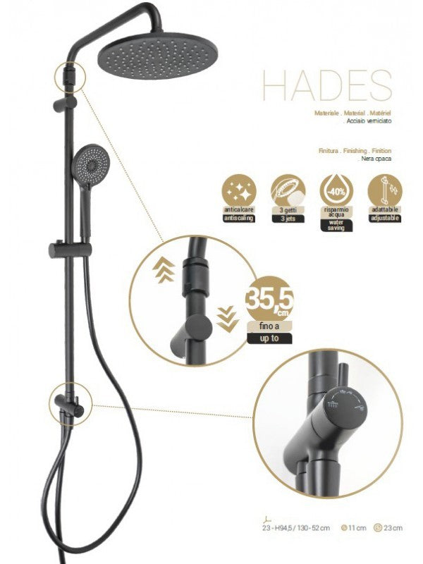 Saliscendi Hades Soffione e Doccetta 3 Getti Nero Opaco mod. hades Metaform