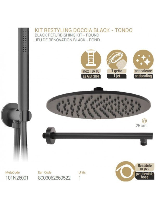 Kit Restyling Doccia Nero Opaco Tondo Braccio Presa Acqua Doccetta e Soffione metaform