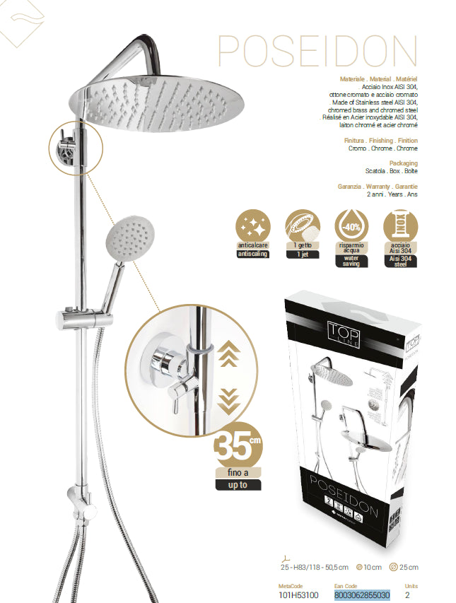 Colonna doccia POSEIDON cromo Con Soffione Tondo 25 cm e Doccetta Tonda 10 cm