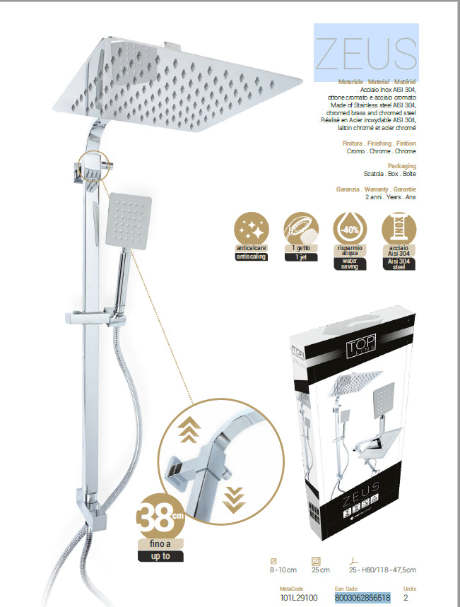 Colonna doccia con deviatore a due vie ZEUS acciaio inox con soffione e doccetta