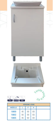 Mobile lavatoio legno+resina 50x50 Completo Di Vasca Sifone E Asse Lavapanni Bianco