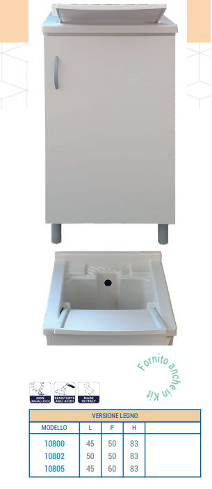 Mobile lavatoio legno+resina 50x50 Completo Di Vasca Sifone E Asse Lavapanni Bianco