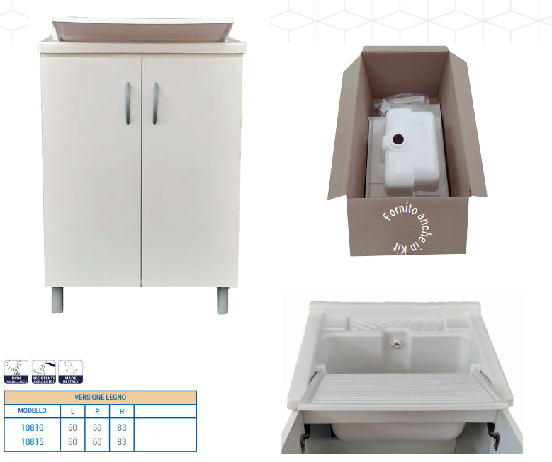 Mobile lavatoio legno+resina 60x50 Completo Di Vasca Sifone E Asse Lavapanni Bianco