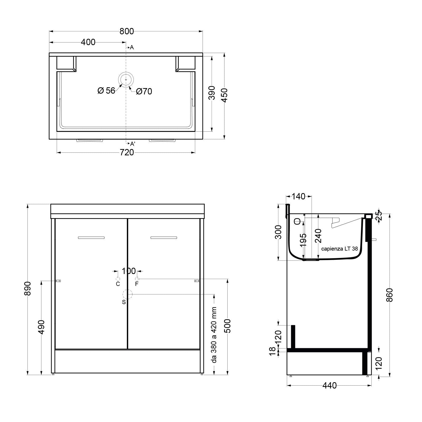 Lavatoio Lavapanni Domestica Colavene 80x45x86h cm con vasca e vano contenitore