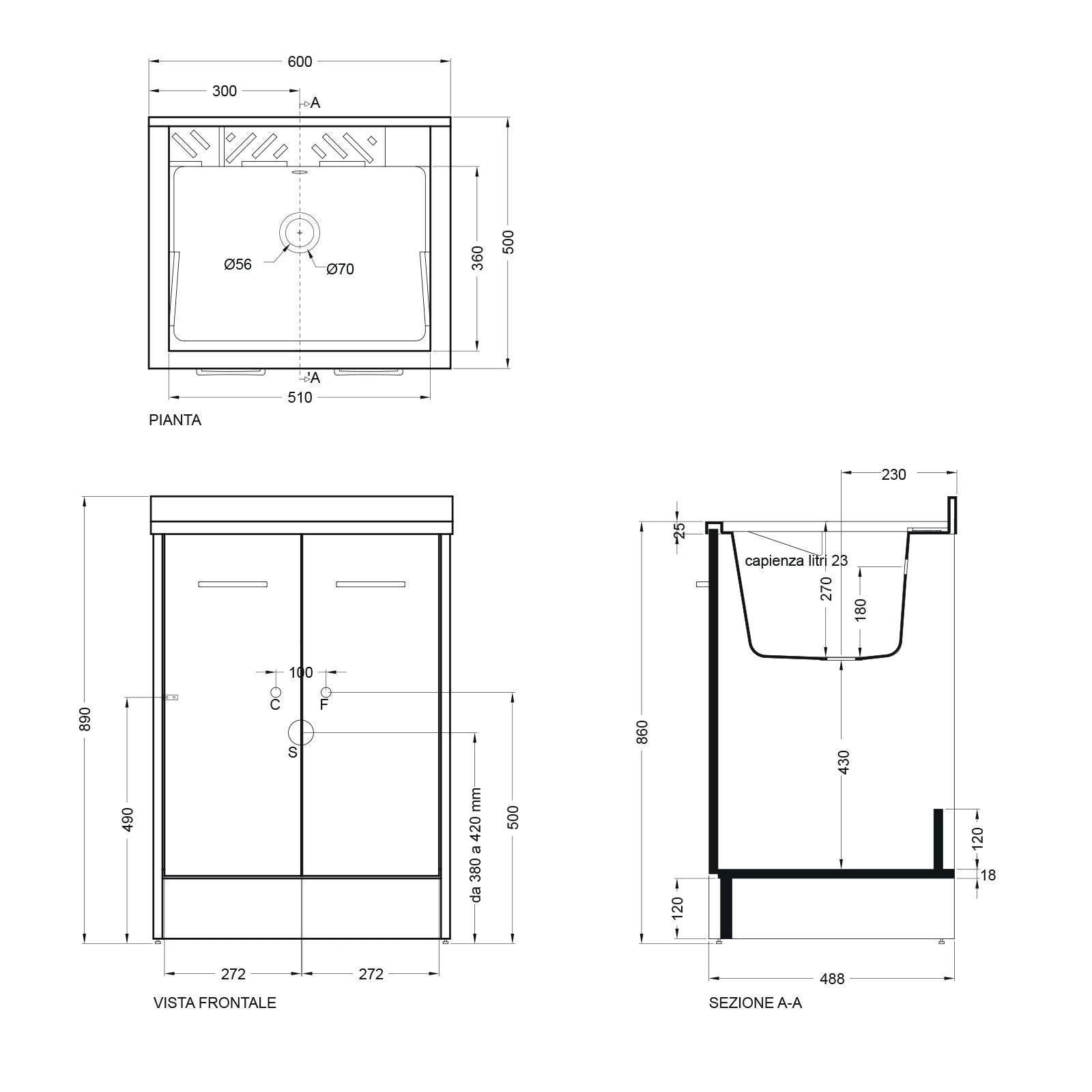 Lavatoio Lavapanni Domestica Colavene 60x50x86h cm con vasca e mobile contenitore