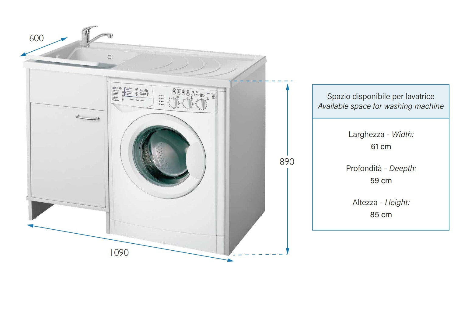 Mobile coprilavatrice a 1 anta con vasca reversibile in kit 109x60cm modello Garden per interni ed esterni, pratico e resistente