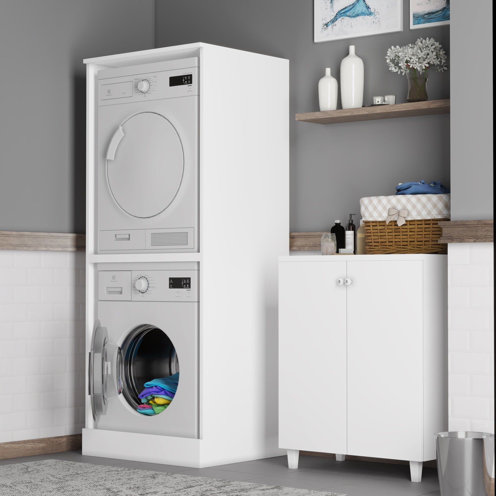 Mobile porta lavatrice e asciugatrice verticale in kit modello Double in nobilitato idrofugo solido e resistente.