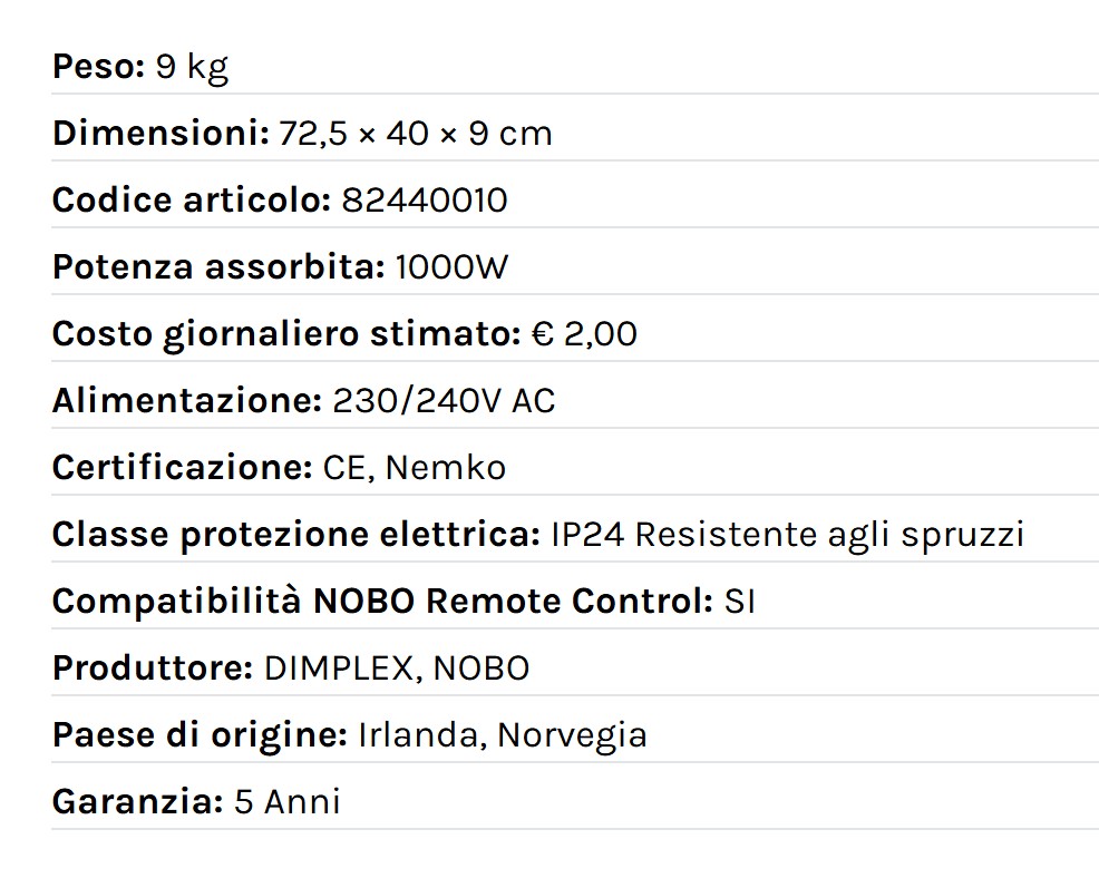 Radiatore elettrico norvegese NOBO 1000W perfetto per ambienti fino a 20 m², riscaldamento uniforme ed ecologico.