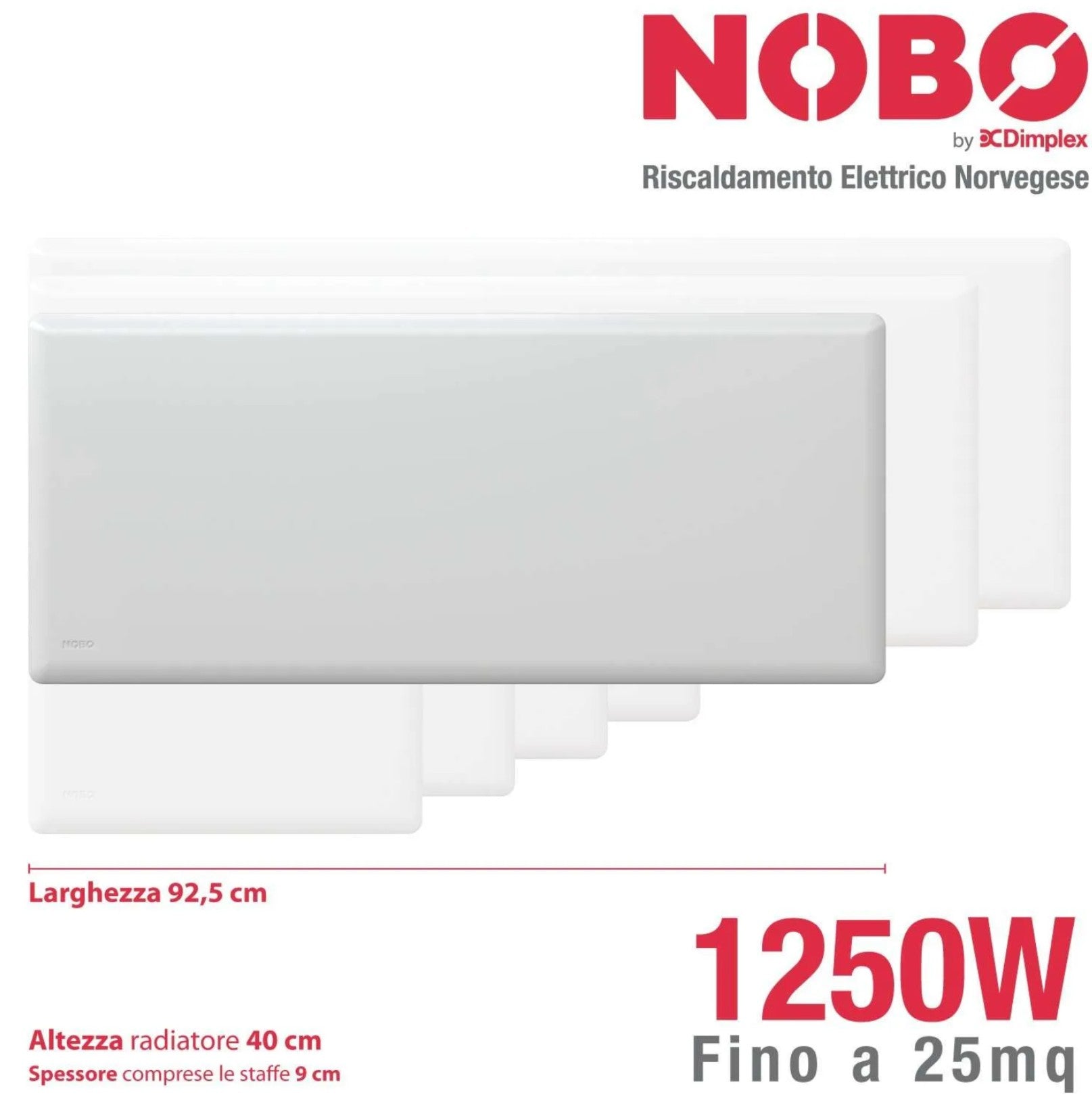 Radiatore elettrico norvegese NOBO 1250W perfetto per ambienti fino a 25 m², riscaldamento uniforme ed ecologico.
