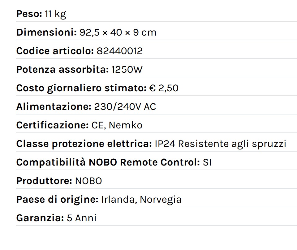 Radiatore elettrico norvegese NOBO 1250W perfetto per ambienti fino a 25 m², riscaldamento uniforme ed ecologico.