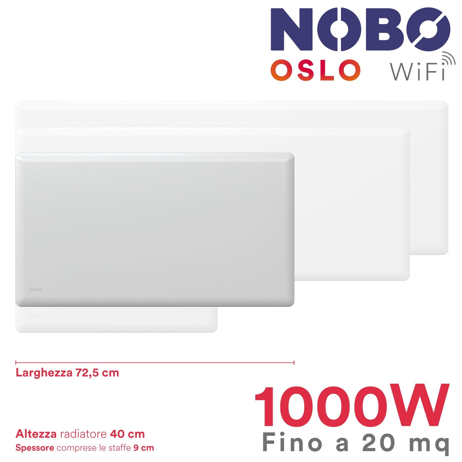 Radiatore elettrico norvegese NOBO OSLO WiFi 1000W perfetto per ambienti fino a 20 m², riscaldamento uniforme ed ecologico.