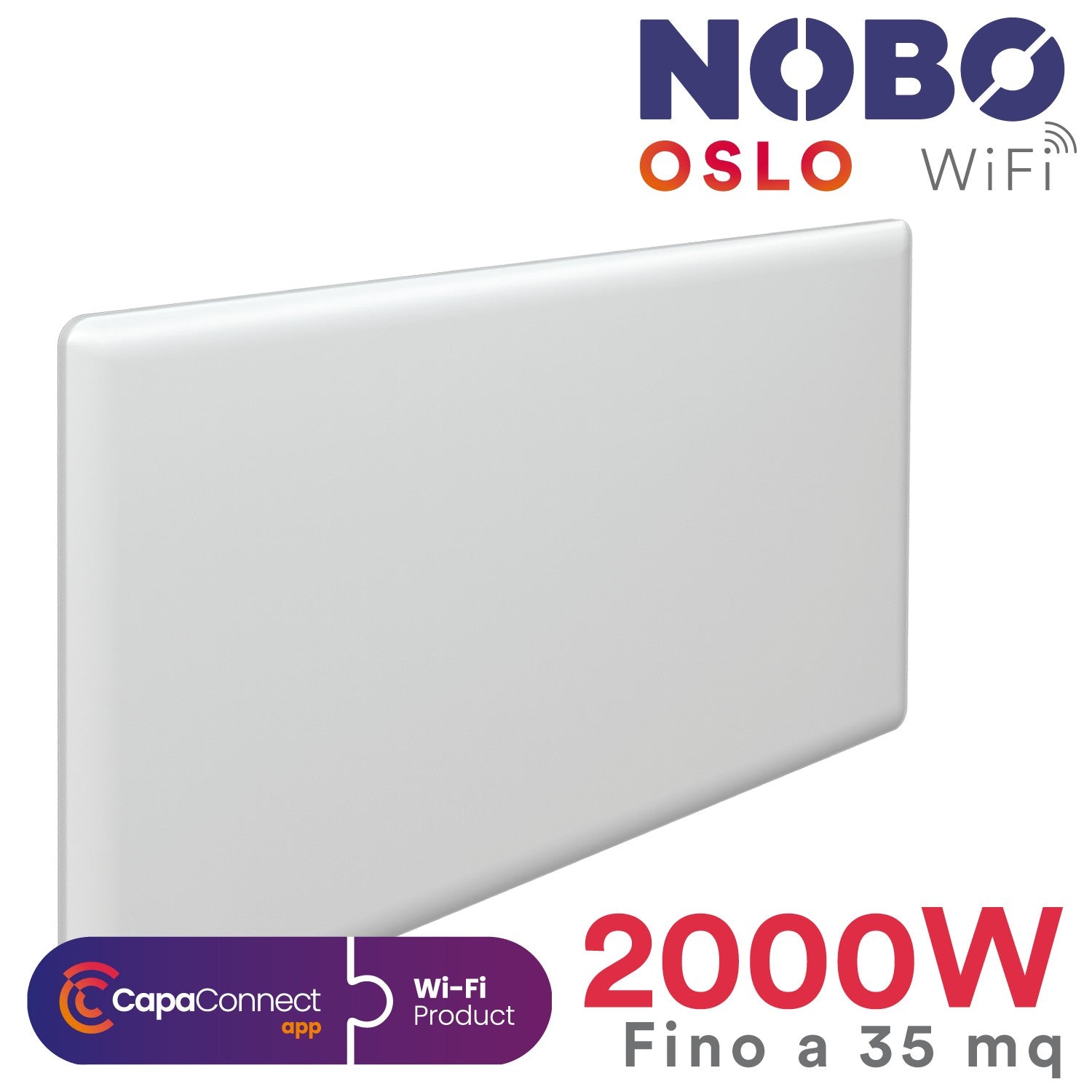 Radiatore elettrico norvegese NOBO OSLO WiFi 2000W perfetto per ambienti fino a 35 m², riscaldamento uniforme ed ecologico.