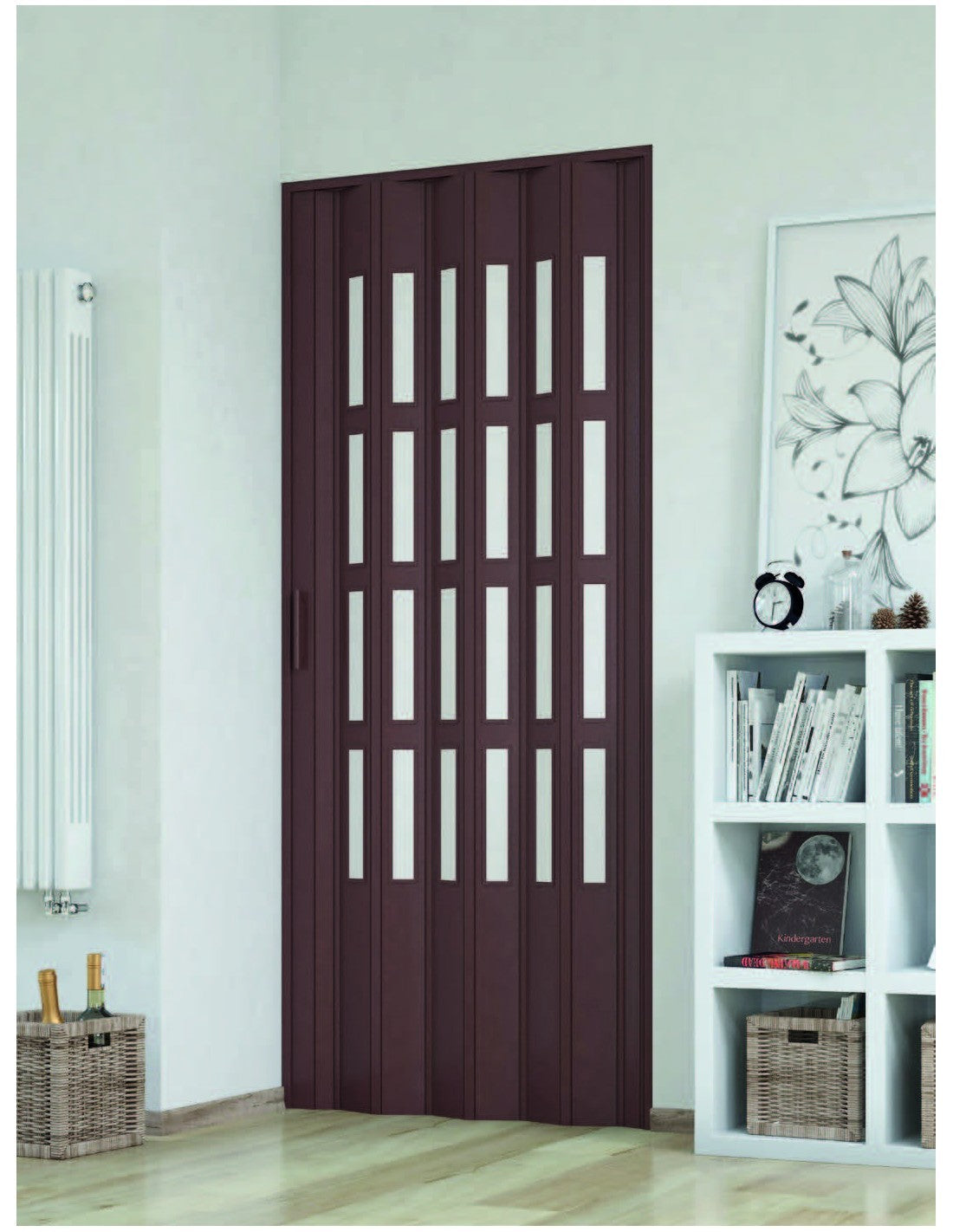 Porta a Soffietto da Interno 82x220 cm in PVC con vetro Niagara Mod. Extra Standard colore noce