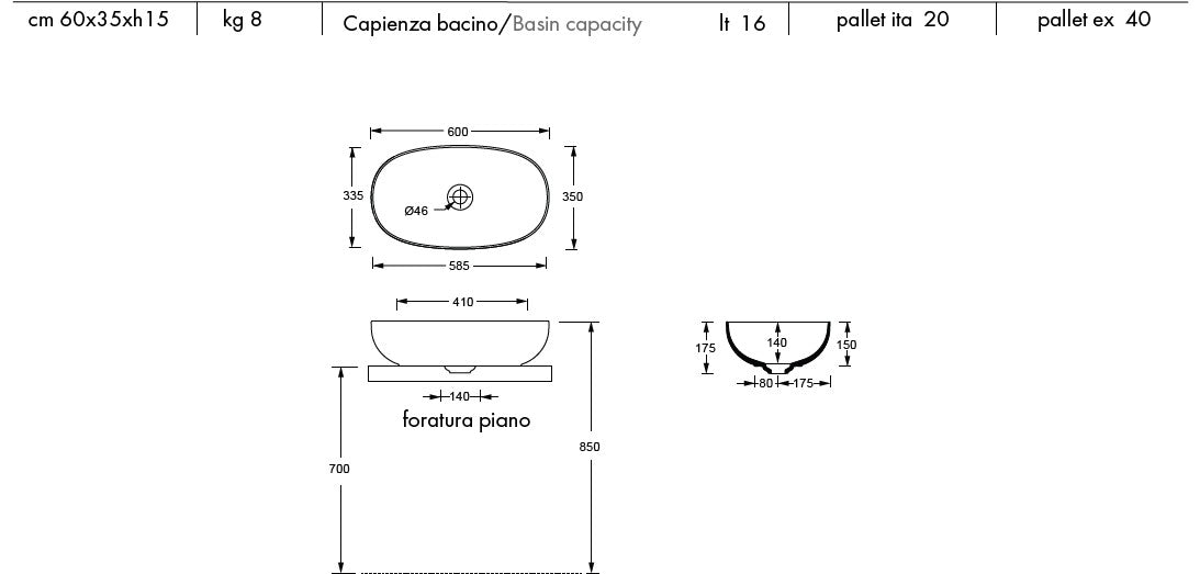 Lavabo da appoggio in ceramica 60 x 35 x H15 cm linea FORM di Alice Ceramica