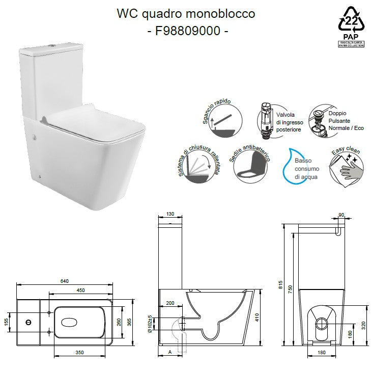 WC Monoblocco Quadrato in Ceramica con Scarico Doppio e Sedile Soft-Close modello Laik