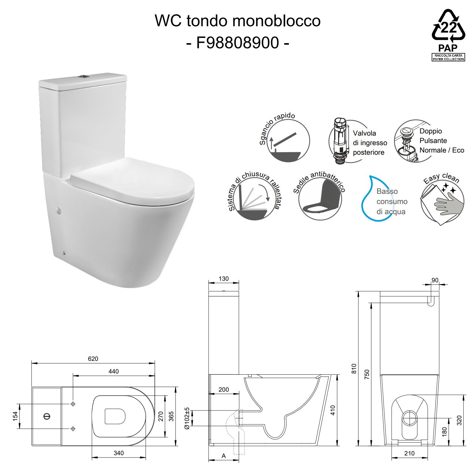 WC Monoblocco tondo in Ceramica con Scarico Doppio e Sedile Soft-Close modello Laik