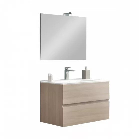 Mobile bagno rovere 2 cassettoni da 80 cm con lavabo e specchio con lampada led