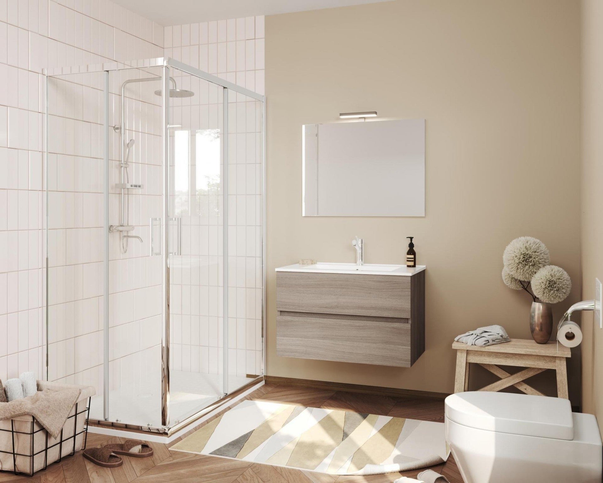 Mobile bagno rovere 2 cassettoni da 80 cm con lavabo e specchio con lampada led