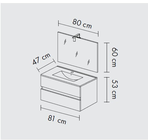 Composizione bagno 2 cassettoni con lavabo in ceramica e specchio con lampada led
