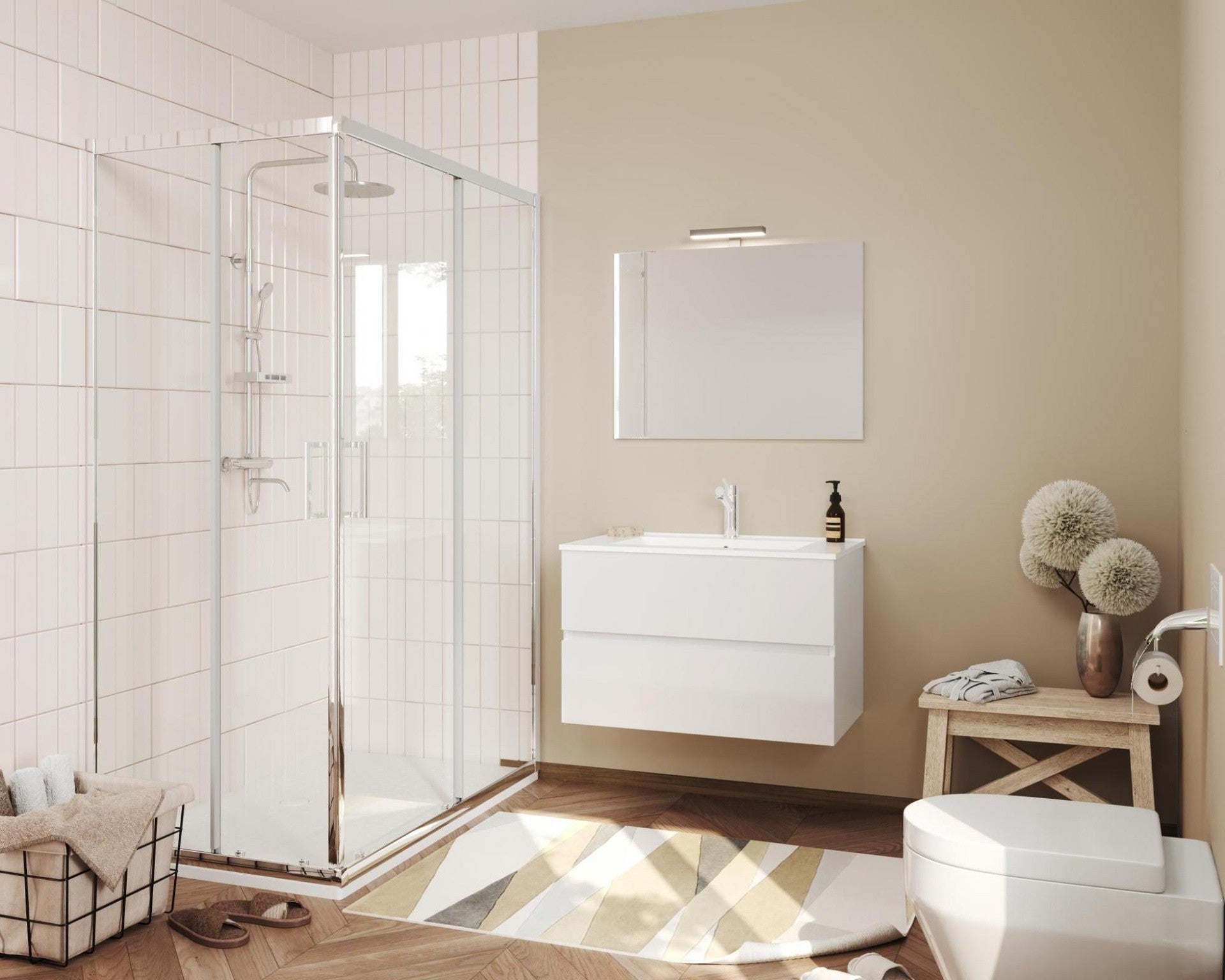 Composizione bagno 2 cassettoni con lavabo in ceramica e specchio con lampada led