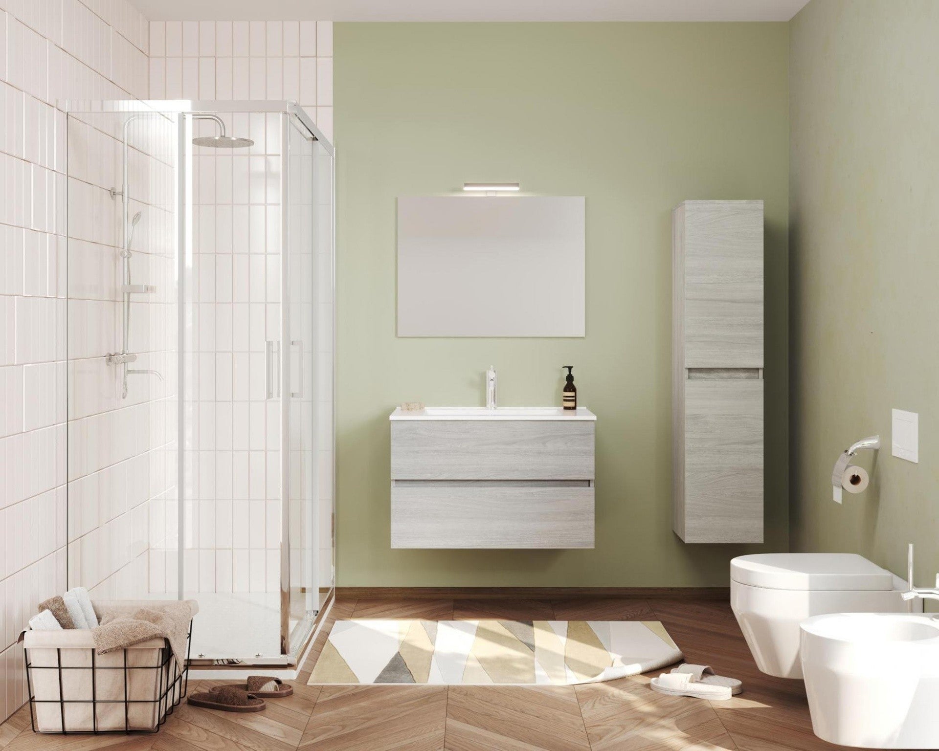 Composizione bagno 2 cassettoni con lavabo in ceramica e specchio con lampada led