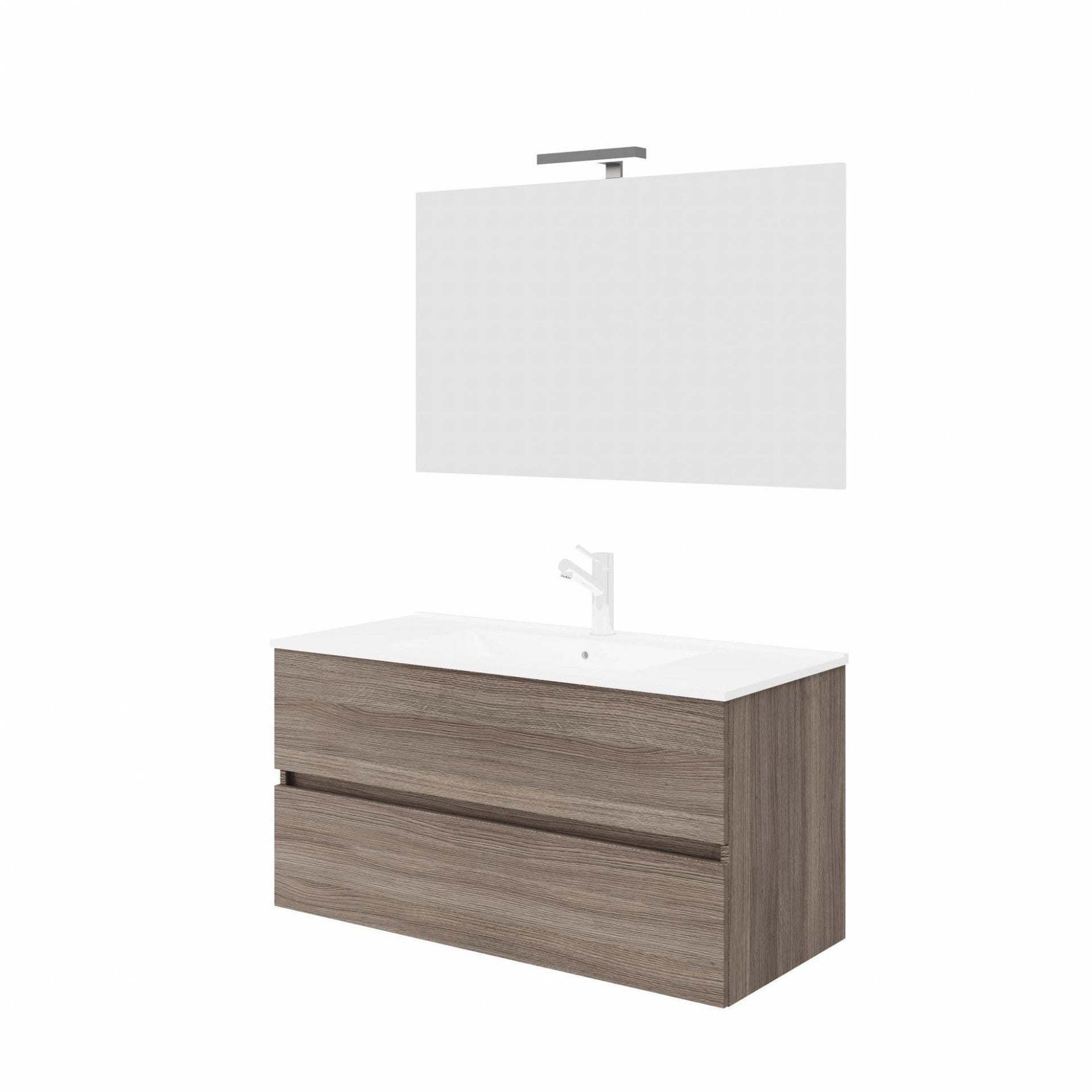 Composizione bagno 2 cassettoni rovere fumo con lavabo e specchio con lampada led