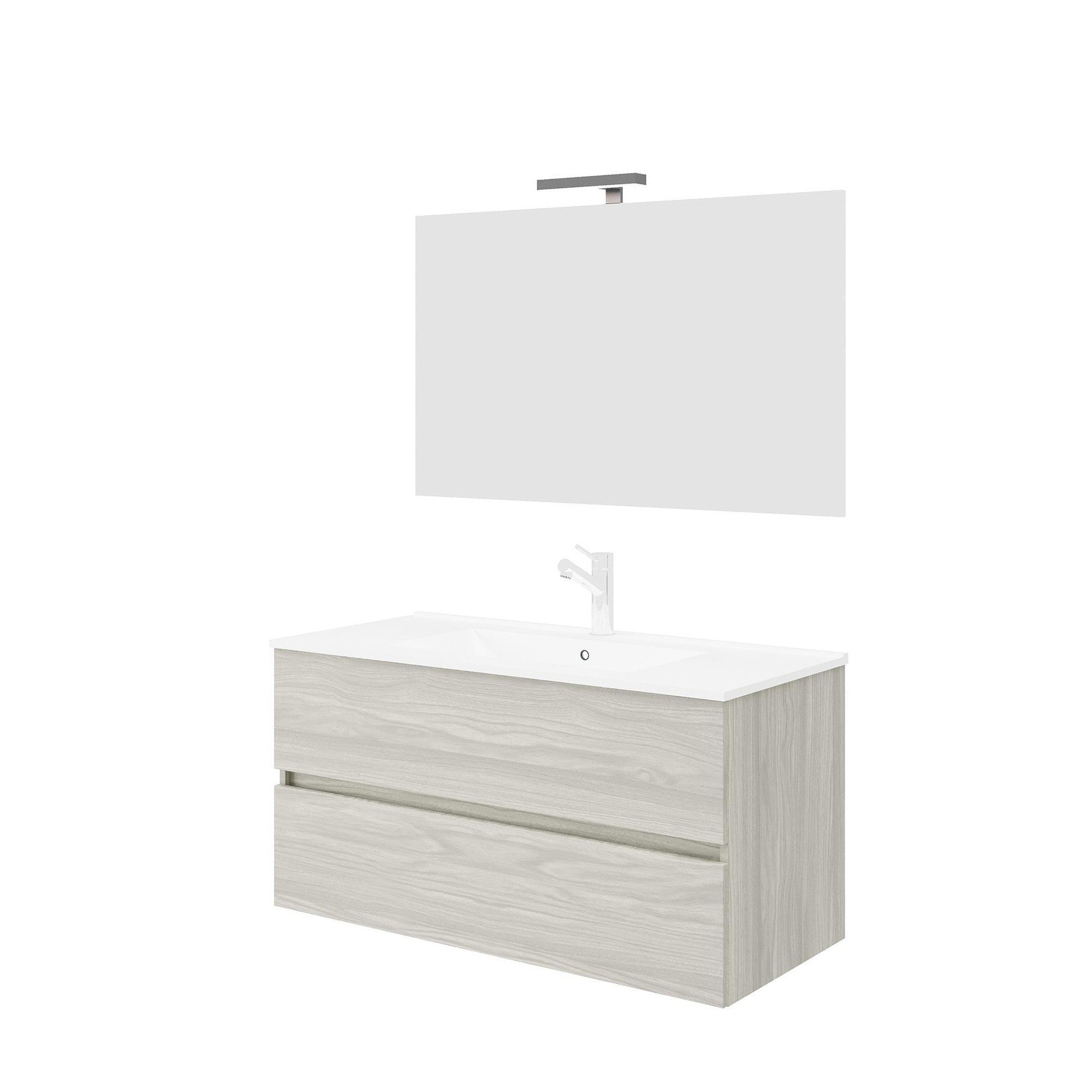 Composizione bagno 2 cassettoni da 100cm rovere grigio, lavabo in ceramica e specchio con lampada led