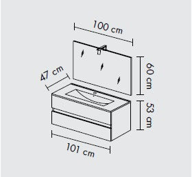 Composizione bagno 2 cassettoni da 100cm rovere grigio, lavabo in ceramica e specchio con lampada led