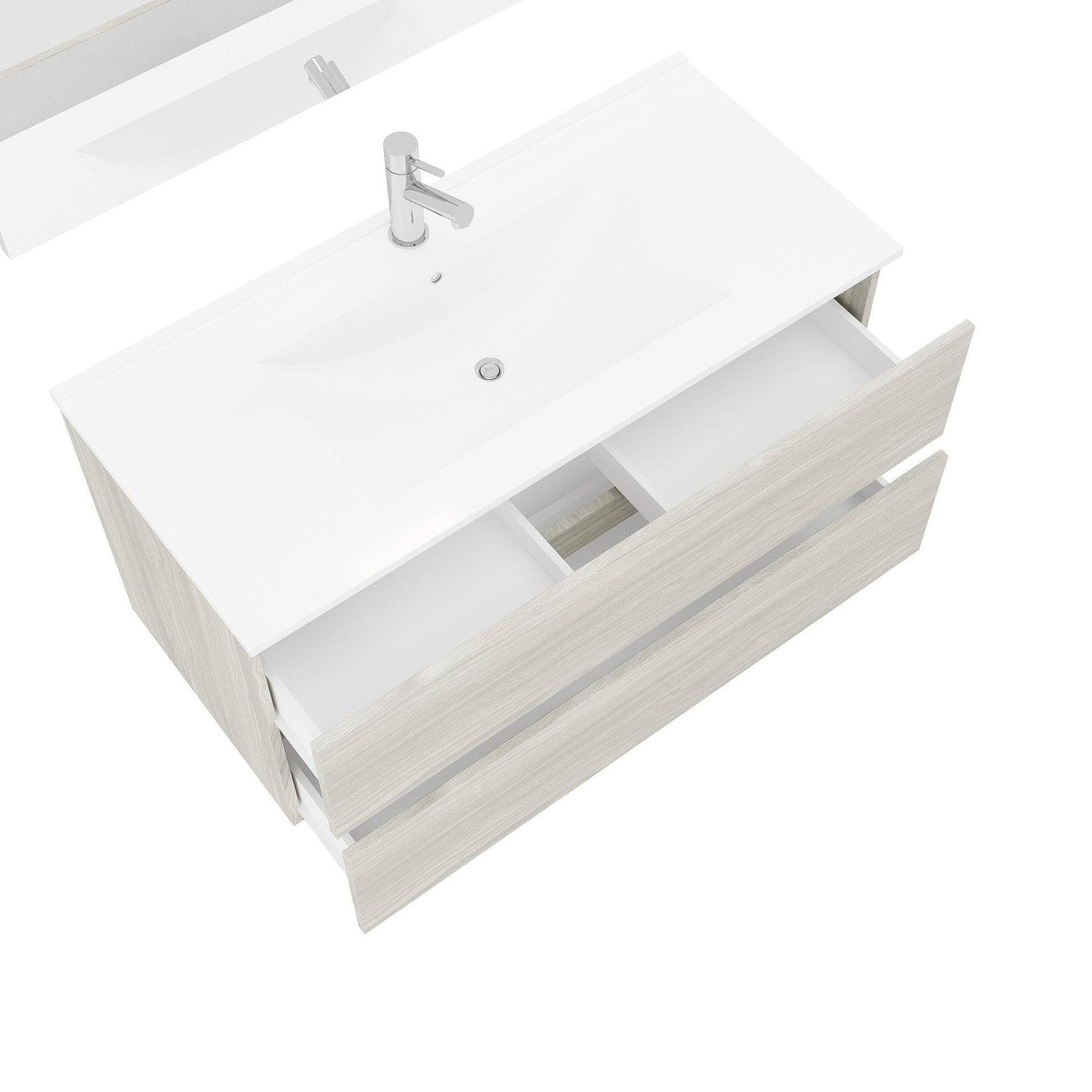 Composizione bagno 2 cassettoni da 100cm rovere grigio, lavabo in ceramica e specchio con lampada led