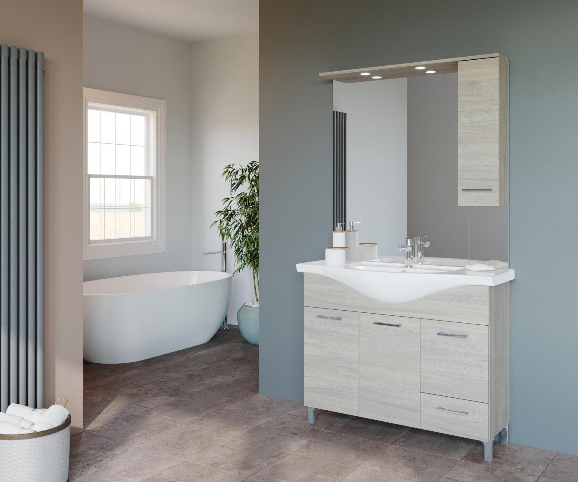 Composizione da bagno 3 ante da 105cm con lavabo e specchiera con pensile e luci a led