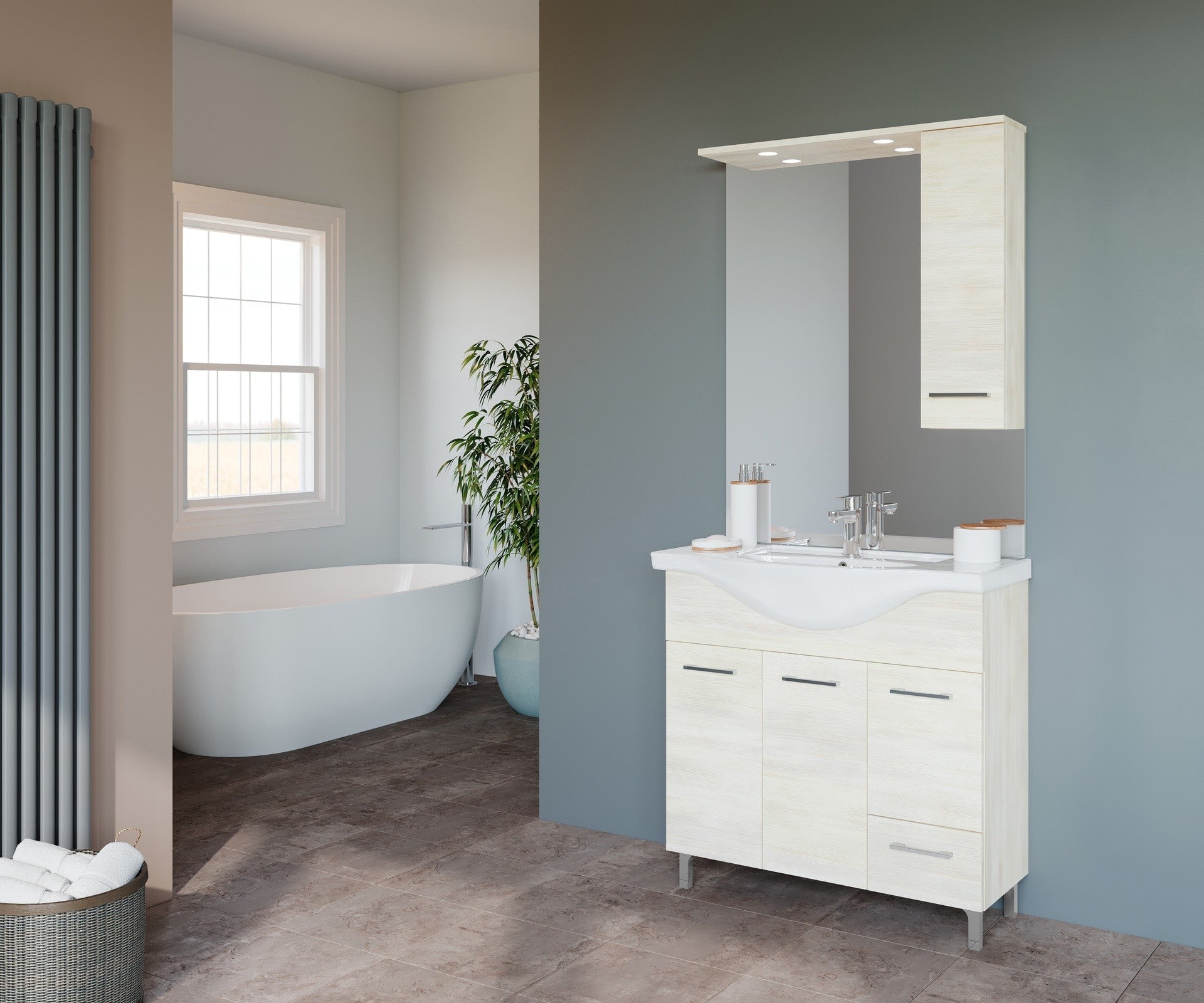 Composizione da bagno 3 ante da 85cm con cassetto , lavabo e specchiera con pensile e luci a led