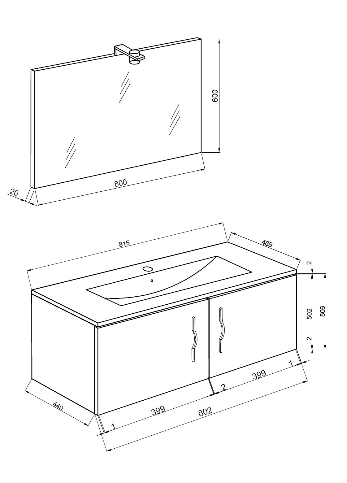 Composizione bagno 81cm , lavabo in ceramica , mobile e specchio con lampada modello Corallo 4455