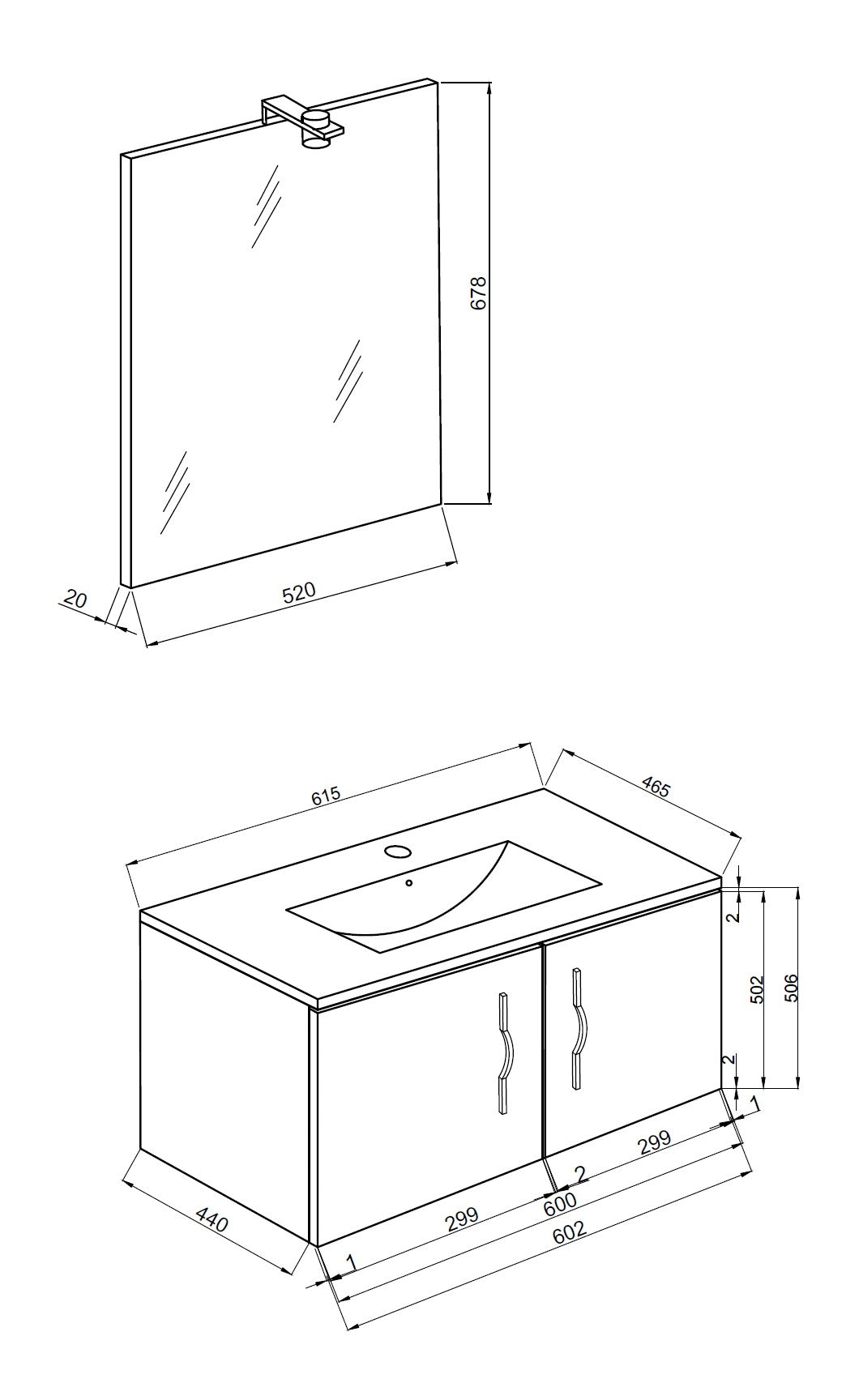 Composizione bagno 61cm , lavabo in ceramica , mobile e specchio con lampada modello Corallo 4452