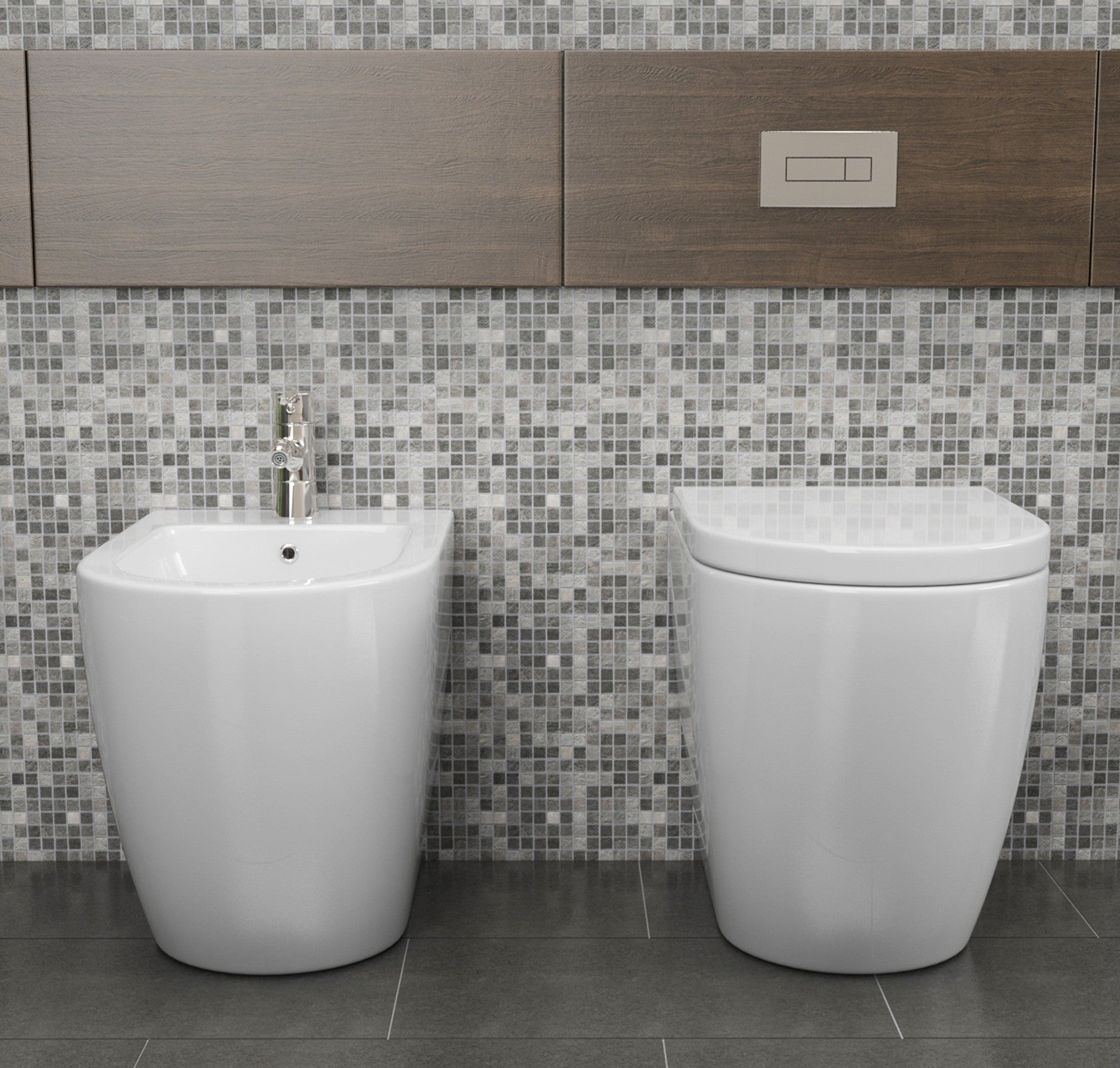 Coppia sanitari in ceramica  filomuro WC e bidet con sedile soft close