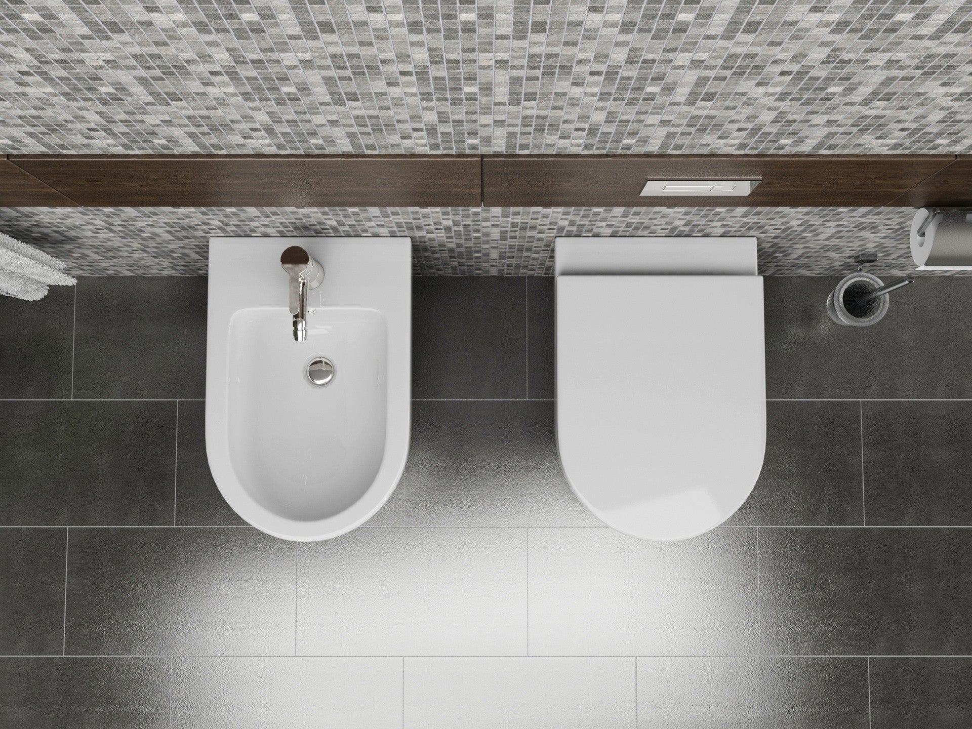 Coppia sanitari in ceramica  filomuro WC e bidet con sedile soft close