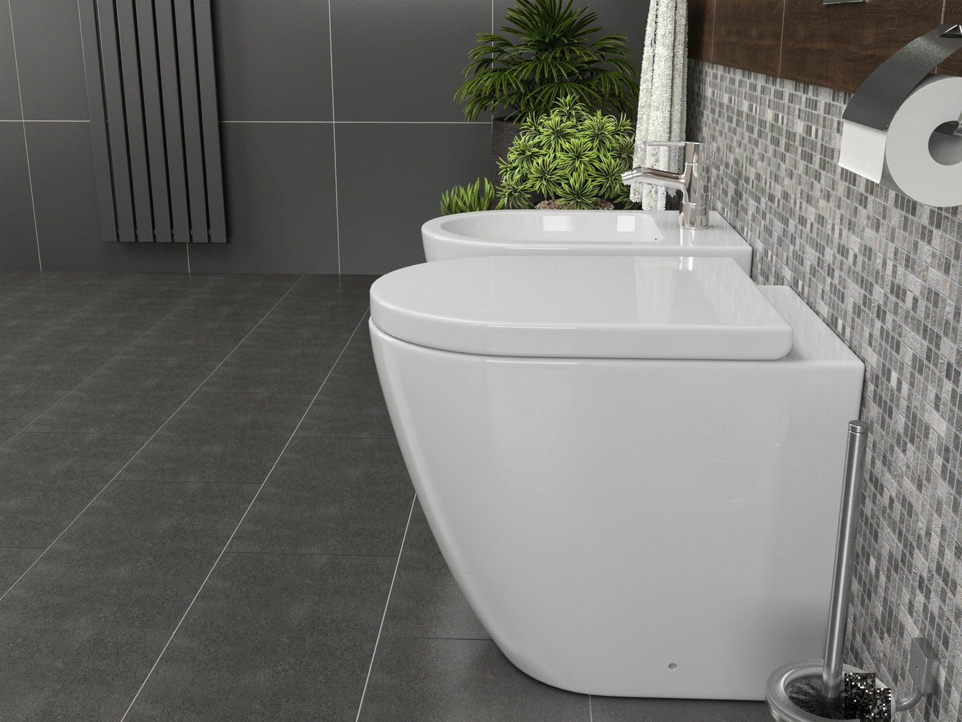 Coppia sanitari in ceramica  filomuro WC e bidet con sedile soft close